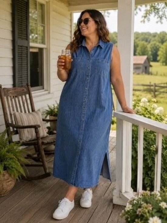 Crossroads Dresses & Skirts - Crossroads Women Sz 22 Denim Jumper Dress Maxi Button Up Country Prairie Modest